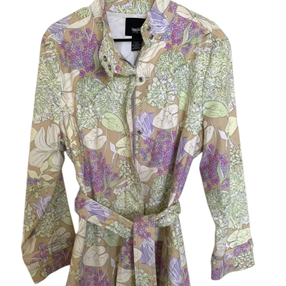 VINTAGE Yk2 Mossimo Women's Beige Floral Belted Collared Trench Coat Size XL - Picture 7 of 7
